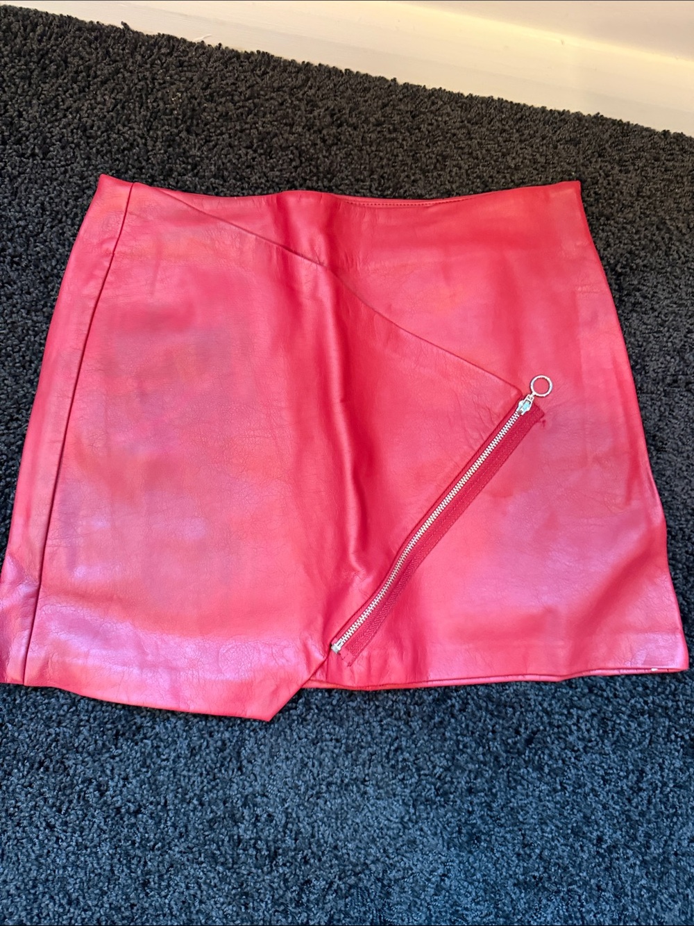 Red Faux Leather Mini Skirt with Asymmetrical Zip